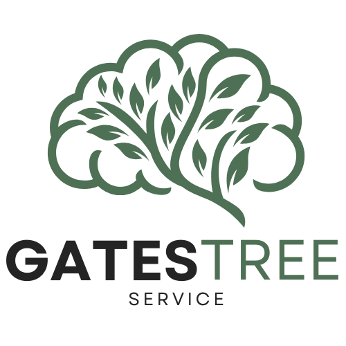 The logo for gates tree service
